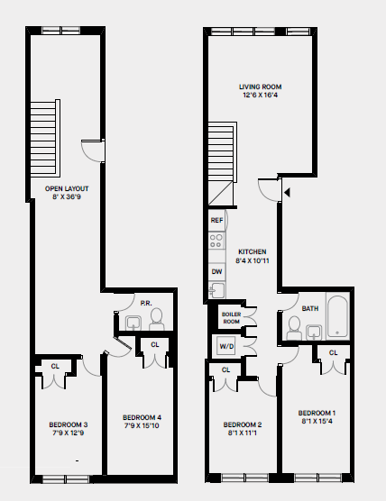 Floor plan for 4 beds, 2 baths, 1401 sqft
